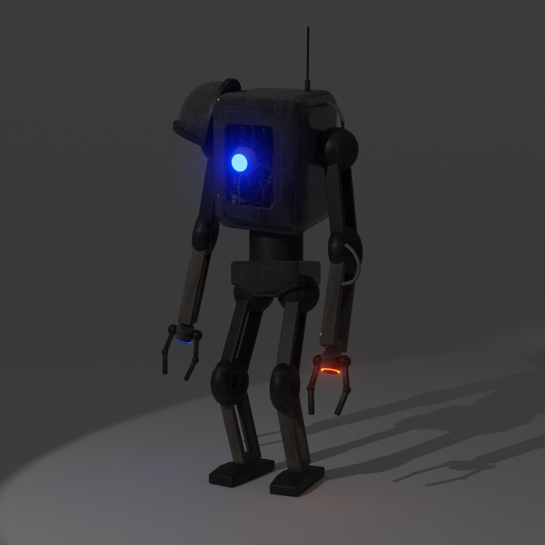 Robot with box-shaped body, glowing blue eye, and articulated limbs, holding red and blue lights, set on a dark background.