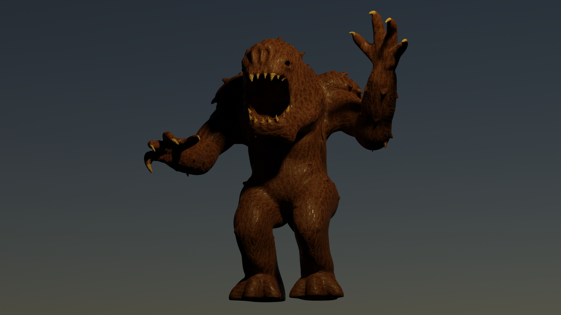 Brown, furry monster with open mouth and clawed hands raised against a dark backdrop.
