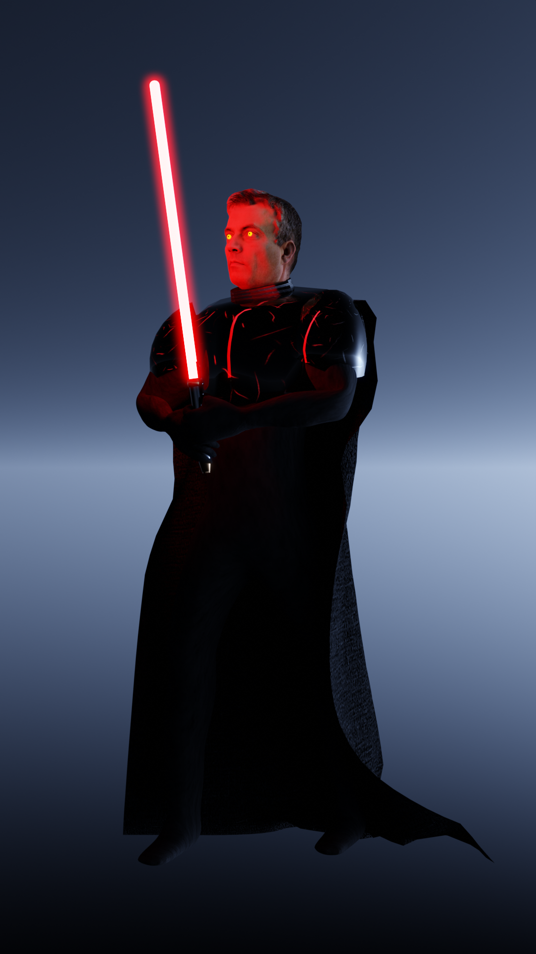 A figure in dark armor, red lightsaber, red eyes, and a black cape, posed against a blue background.