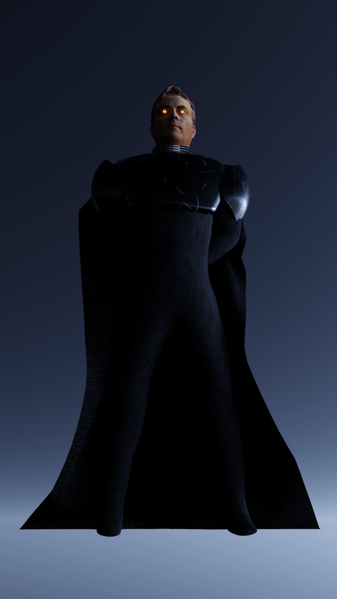 Man in dark cloak, glowing eyes, standing, hands behind back, in shadowy setting.