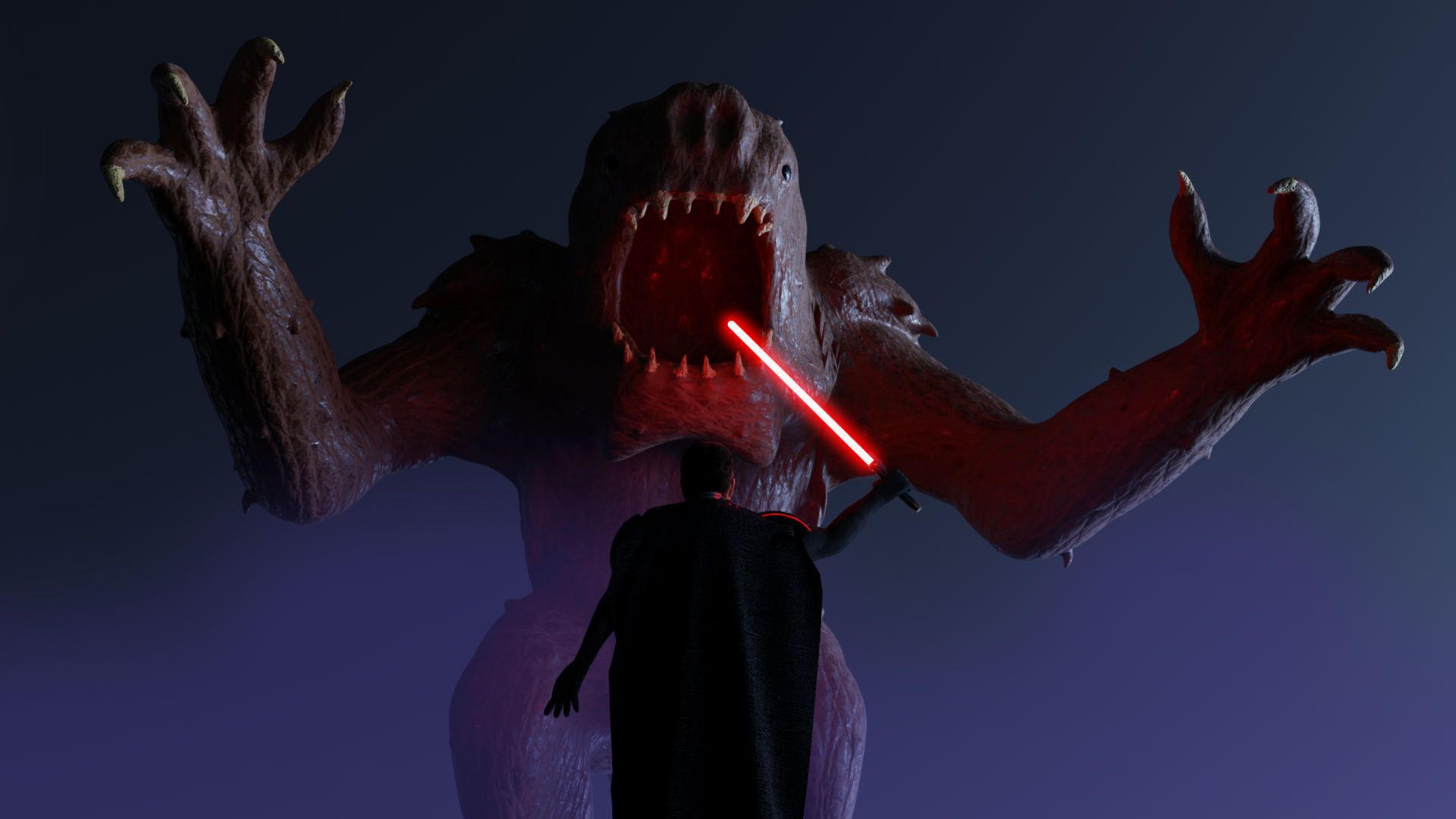A creature with a wide-open mouth confronts a figure wielding a red laser. Dark setting with blue lighting.