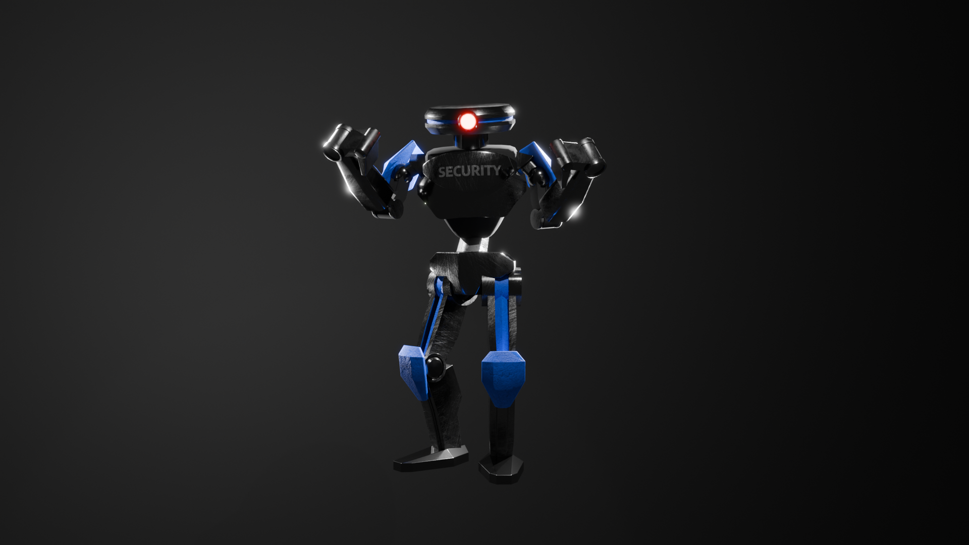 A robotic security guard with arms raised, wearing a blue and black uniform, and a red eye, in a dark setting.