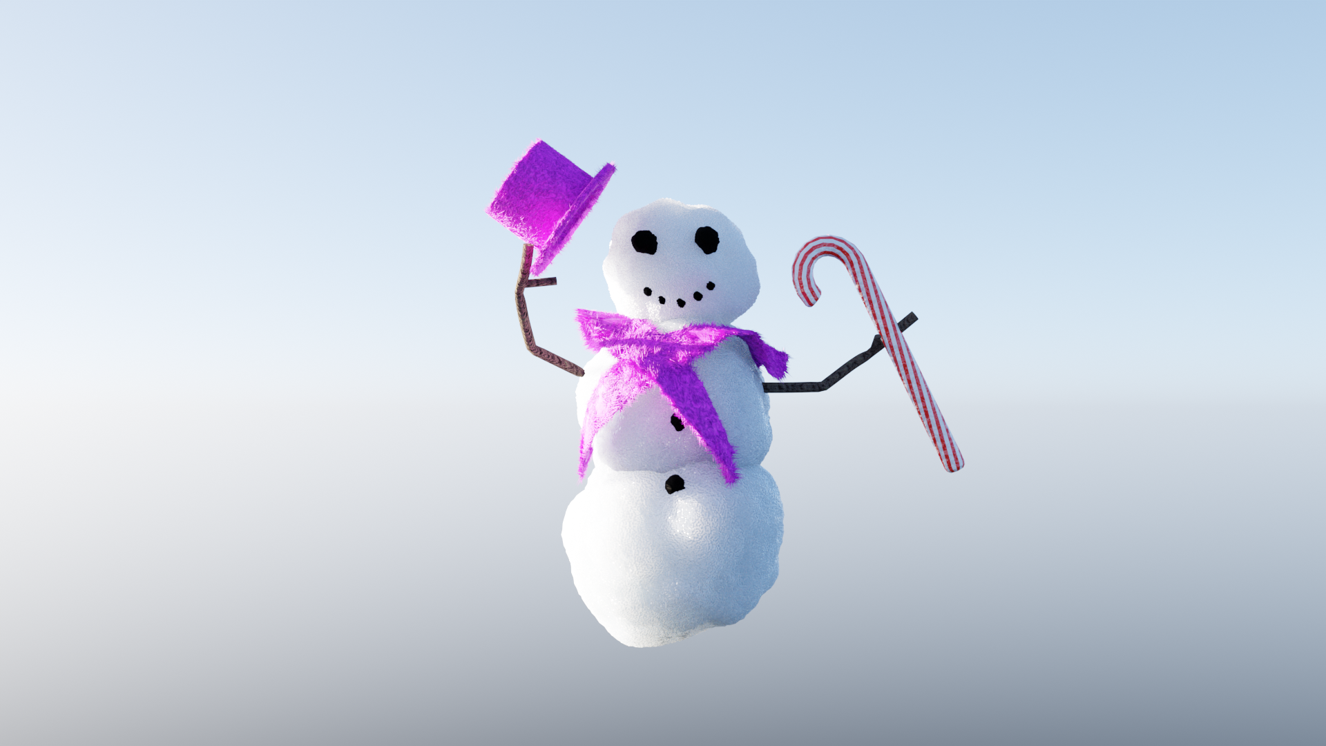 Snowman with purple top hat, scarf, and candy cane, arms raised in greeting, set against a light blue sky.