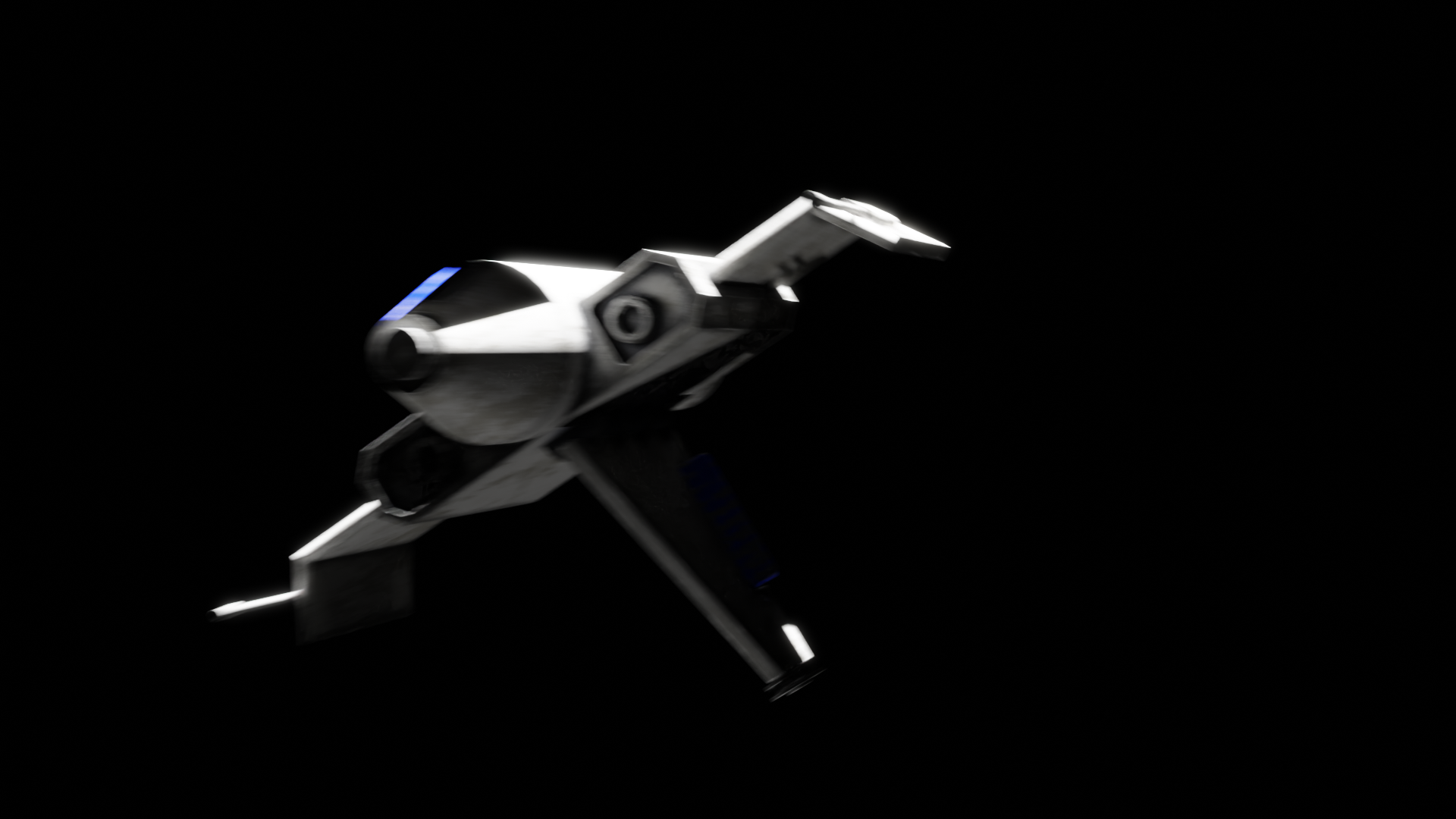White and black spacecraft rotating against a black background.