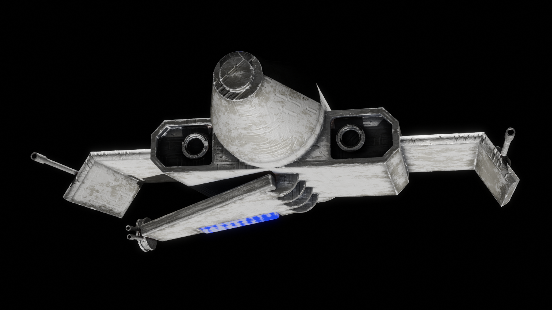 White and gray spaceship rear view, two exhaust ports, blue light detail on wing.