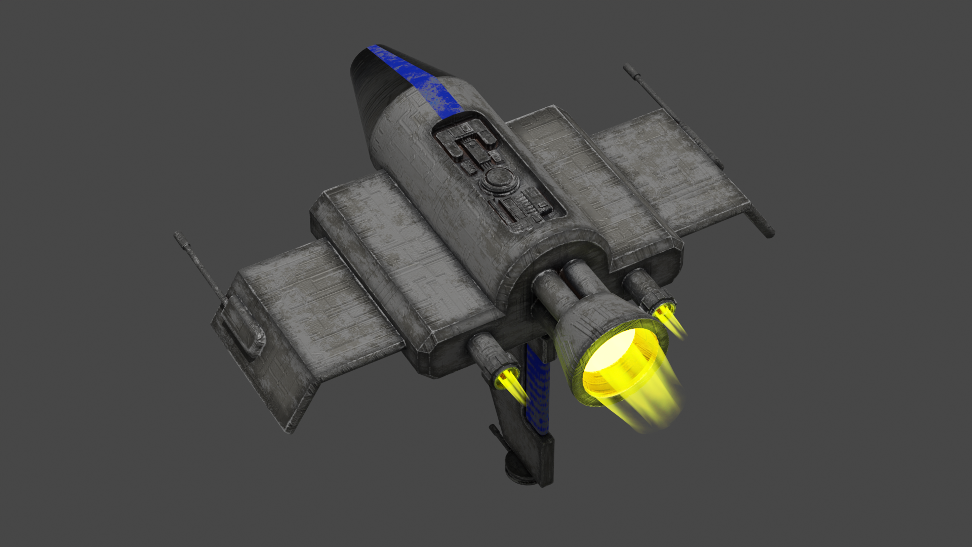 Grey spaceship with blue and yellow accents, exhaust plume.