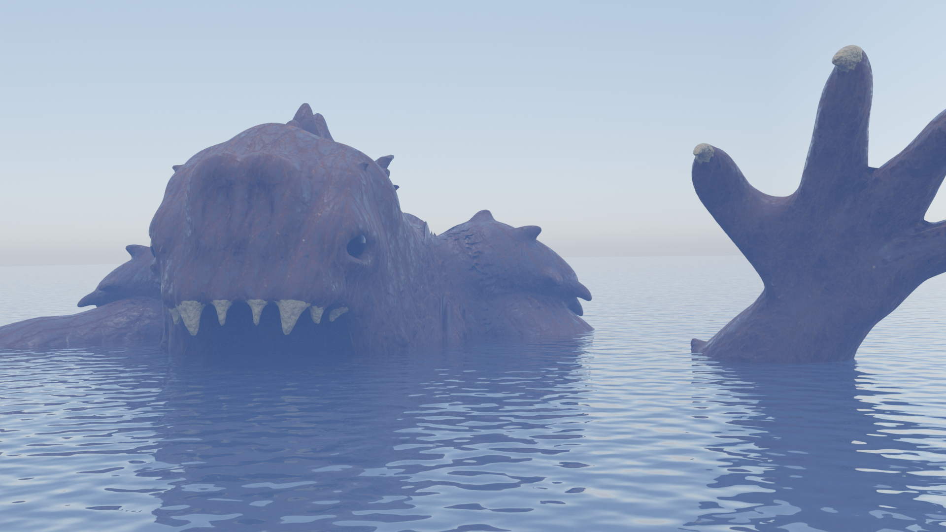 Sea monster with sharp teeth and a hand emerging from water. Overcast day.