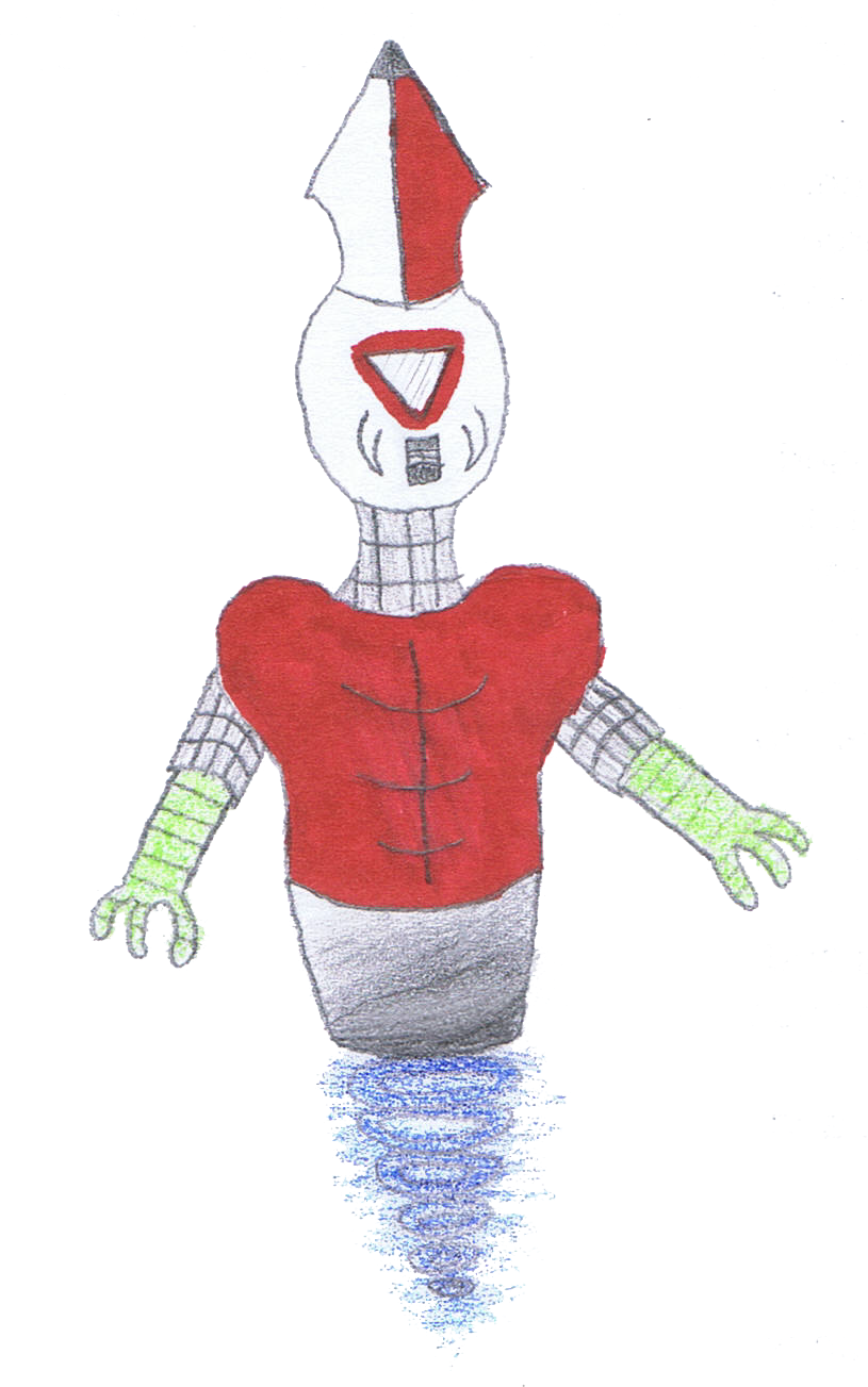 A red and white robot-like figure with a red torso and green arms, hovering with a blue reflection.