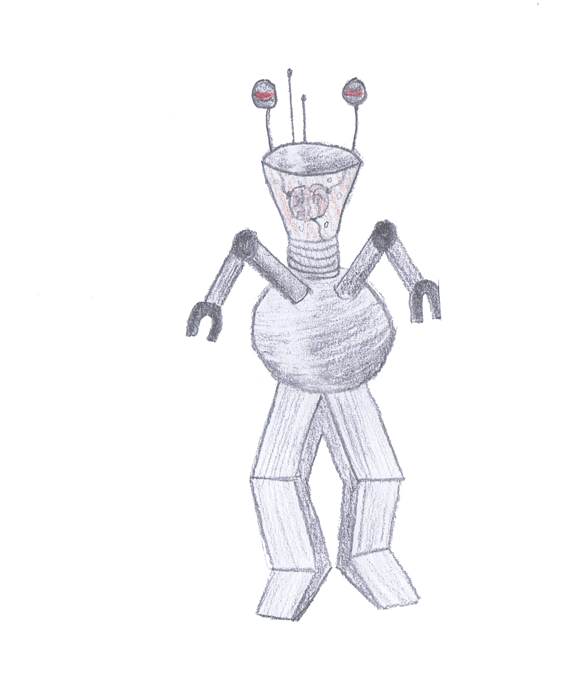 Robot with a gray spherical body, tube-shaped neck, and blocky legs. It has antennas and tiny red eyes.