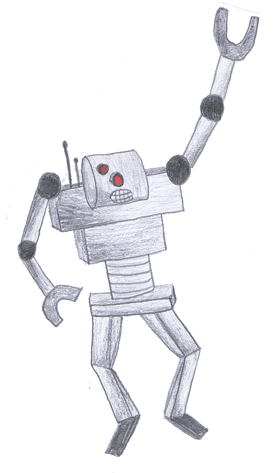 Cartoon robot, silver with black joints, raising one arm. Red eyes, angry expression.