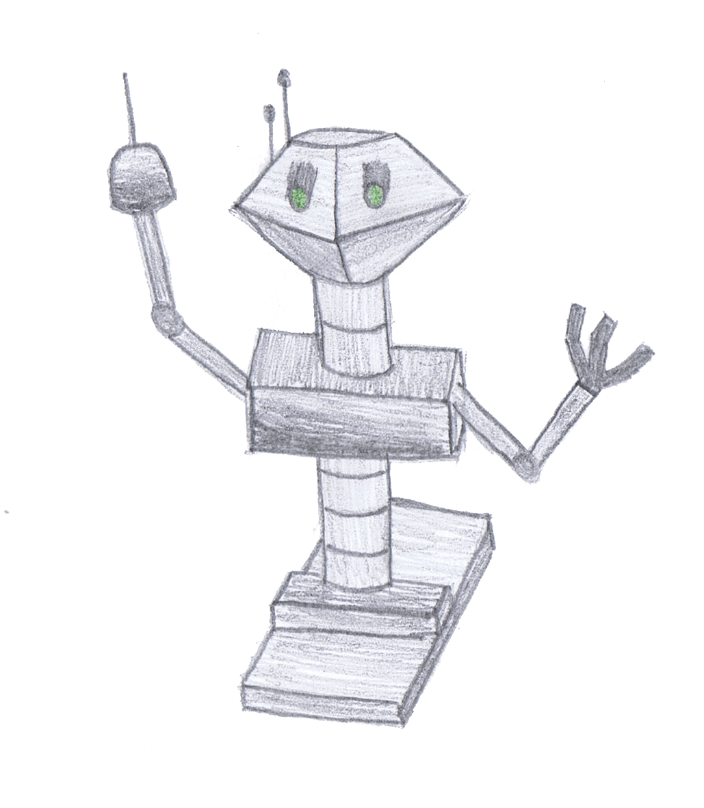Robot drawing with diamond-shaped head, antenna, and two arms raised.