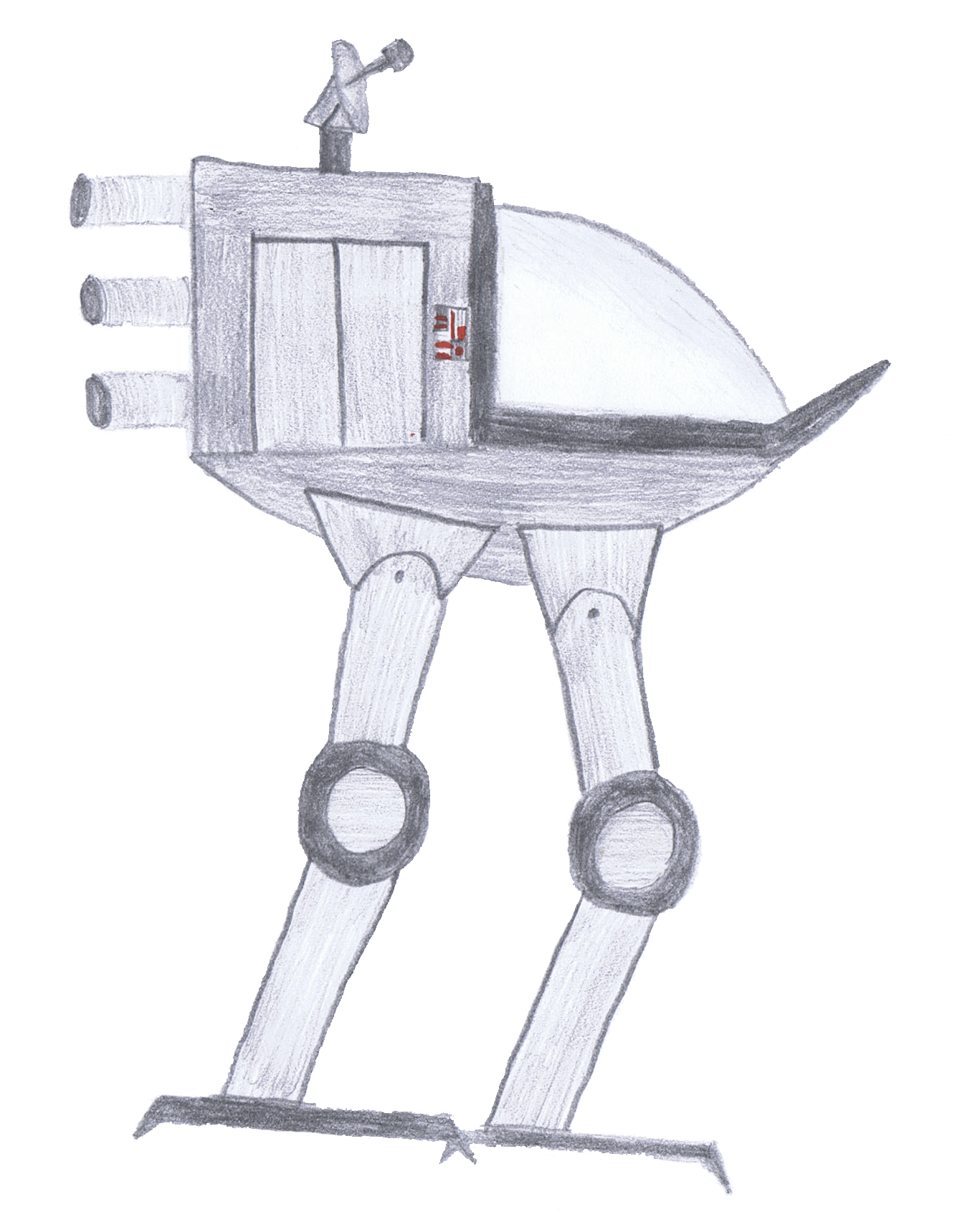 Gray bipedal robot with a box-like top section, three gun barrels, and a rounded dome.