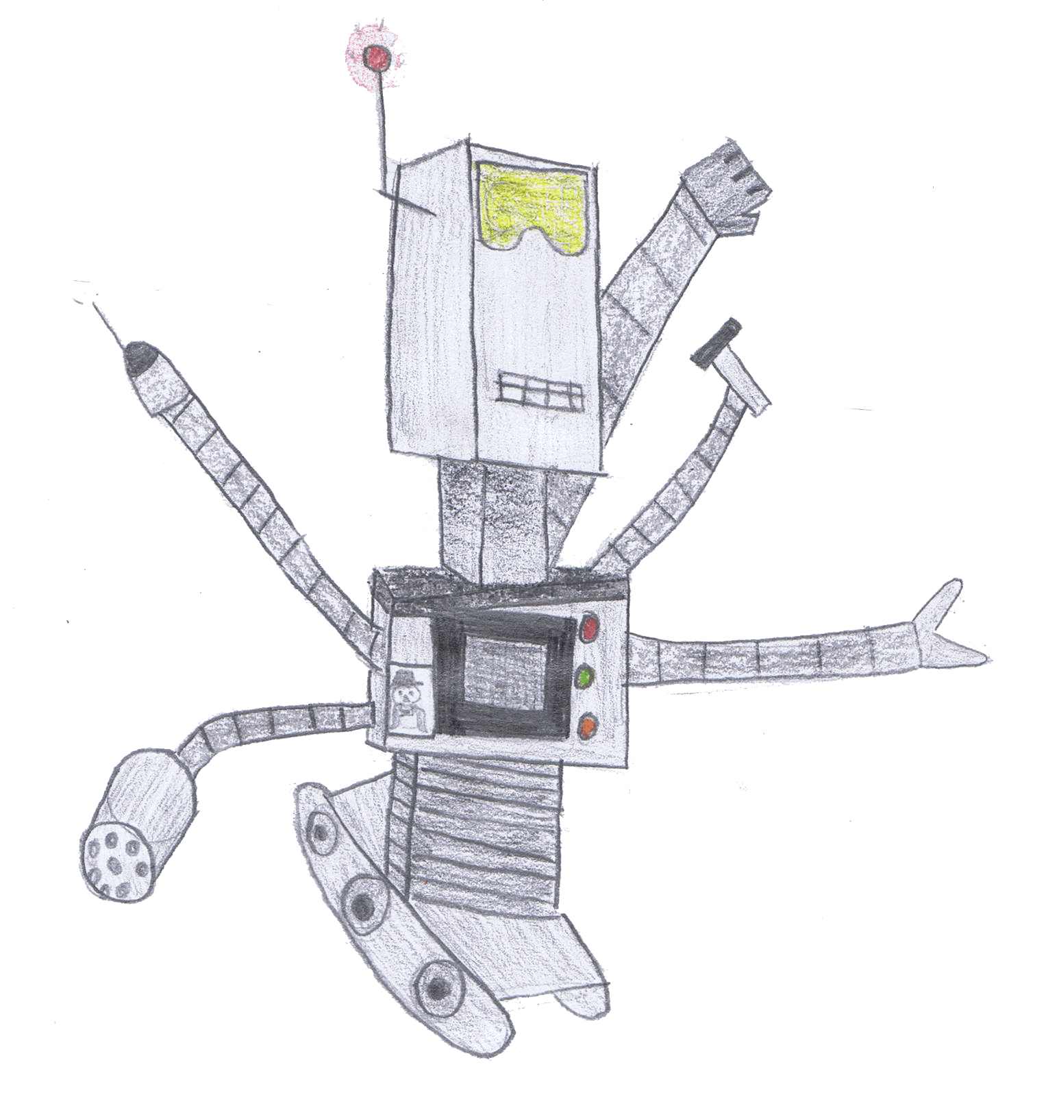 Robot with box-shaped head and torso, multiple arms with tools, on treads.