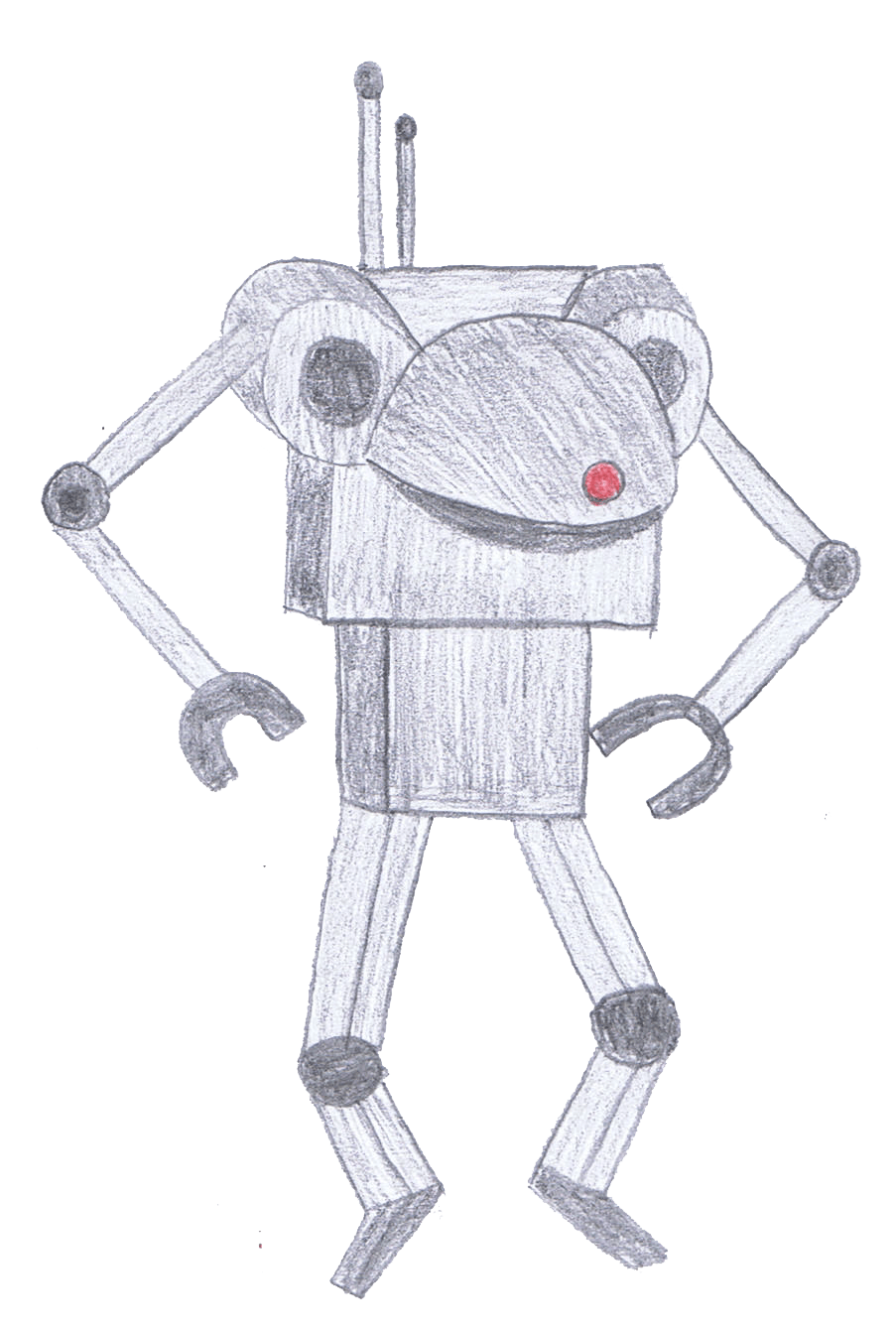 Gray robot with a square torso, round head, and bent arms. It has small antennae and a red nose.