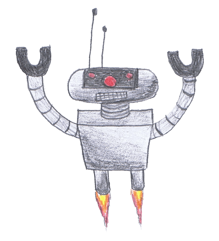 Cartoon robot with raised arms, jet boosters, and a red nose.