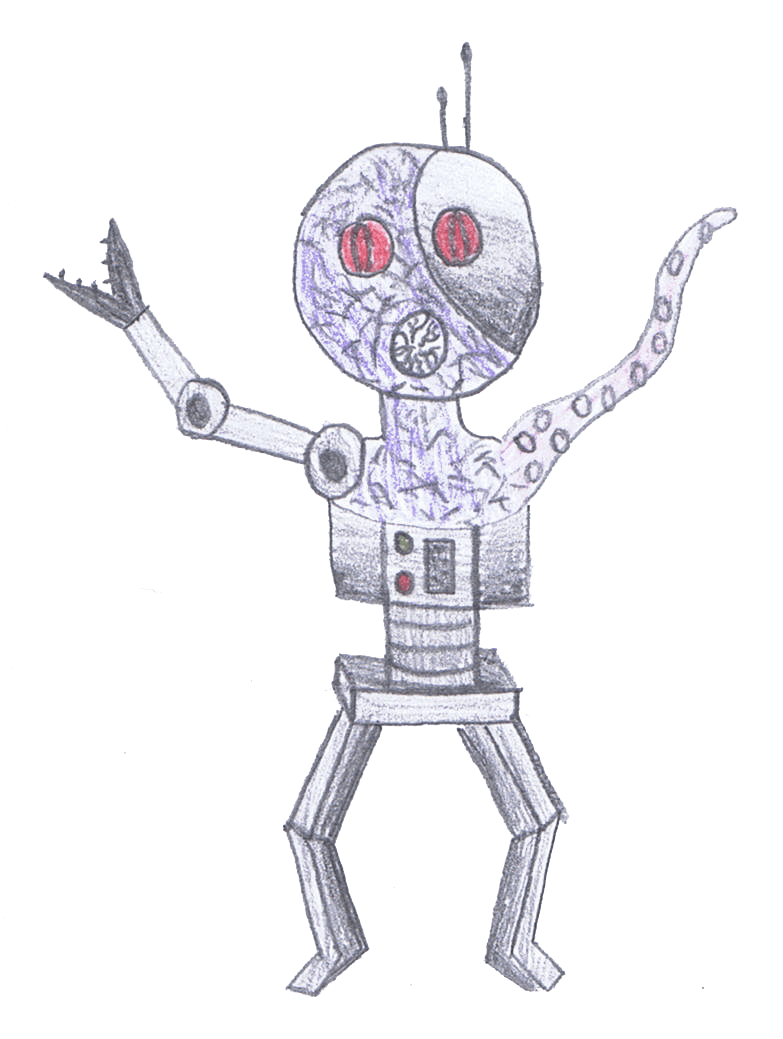 Robot with round head, arms raised. One arm robotic with claw hand. Head has a purple/gray design.