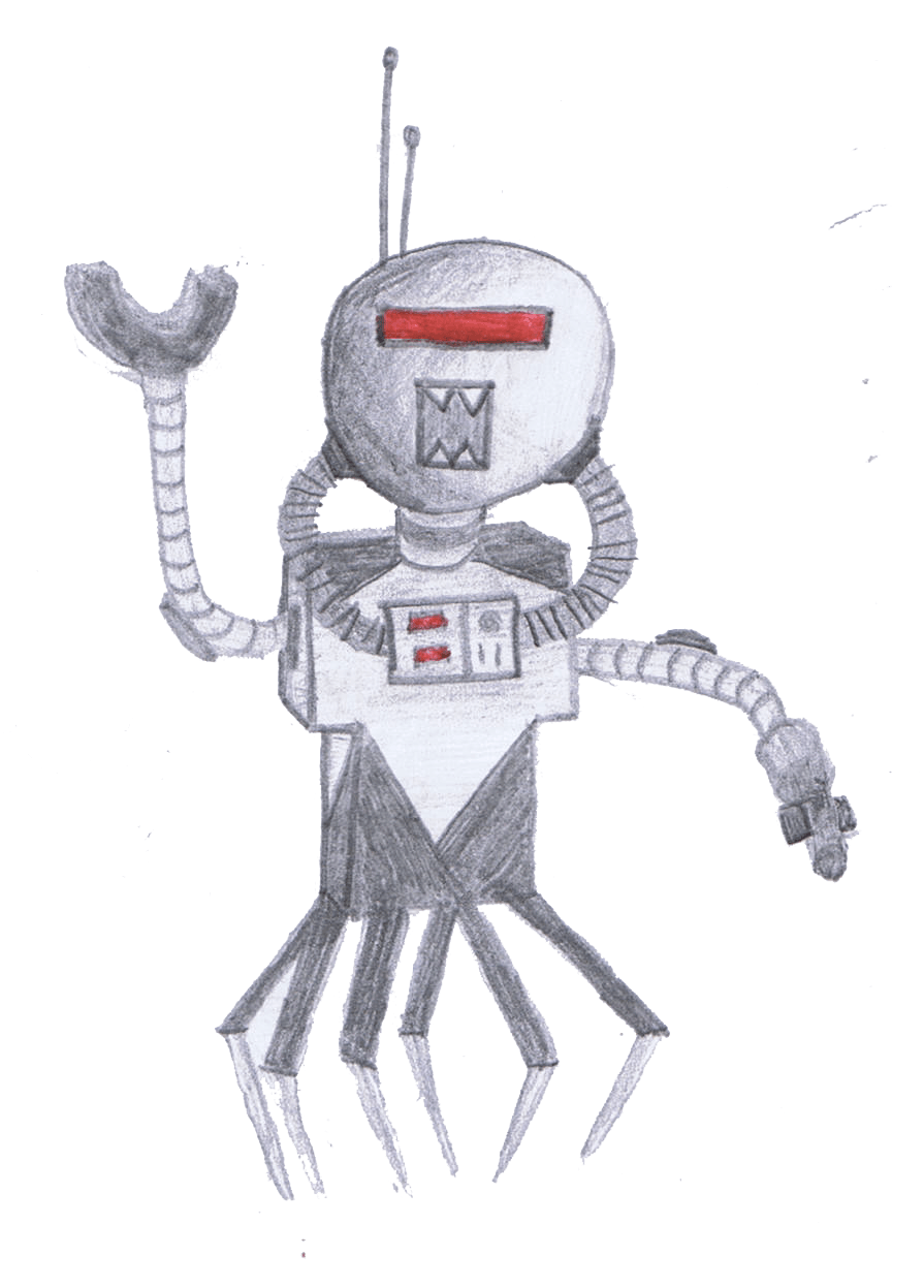 Robot with round head, red eye slit, boxy torso, claw-like arms, and six spindly legs, waving a claw.