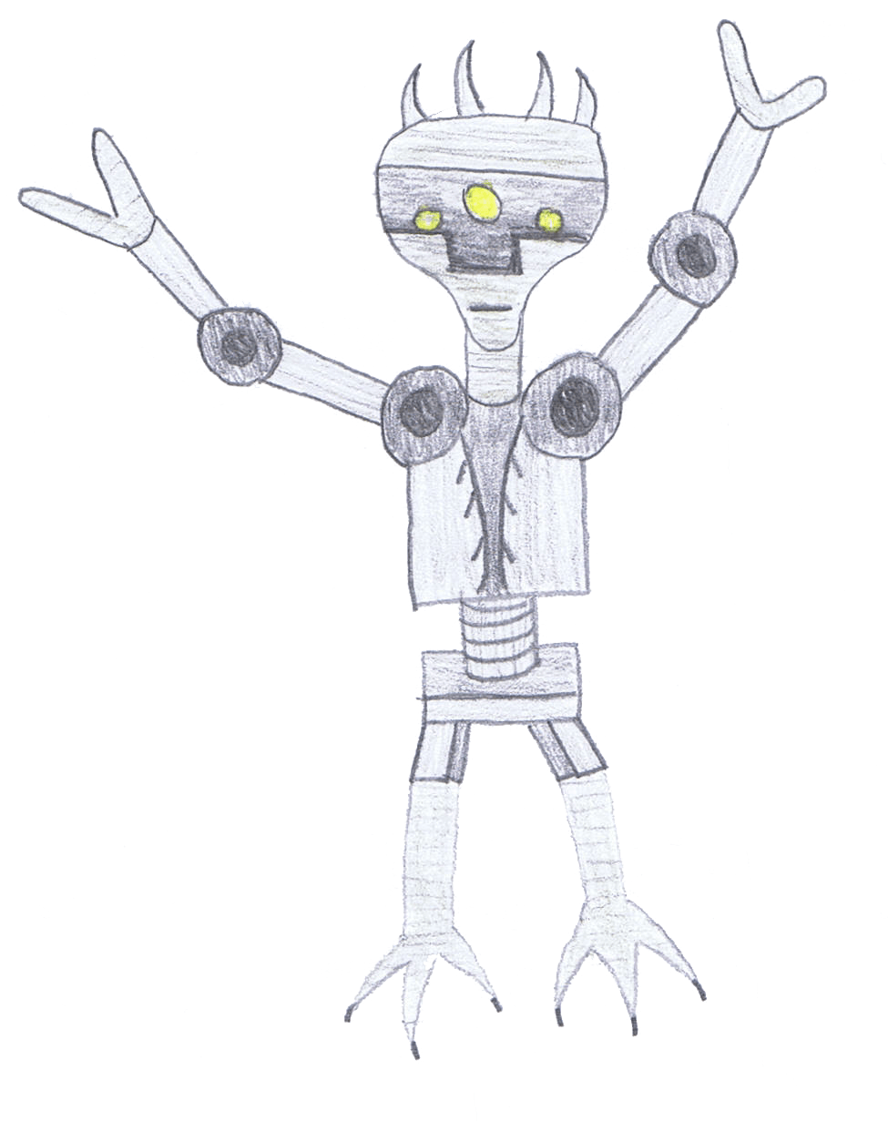 Robot with gray body, arms raised, spiky head, and bird-like feet. Yellow eye and square head details.
