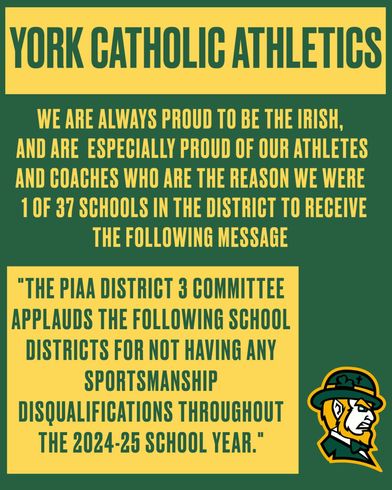 York Catholic Athletics celebrating good sportsmanship: text in green and gold, with a leprechaun graphic.