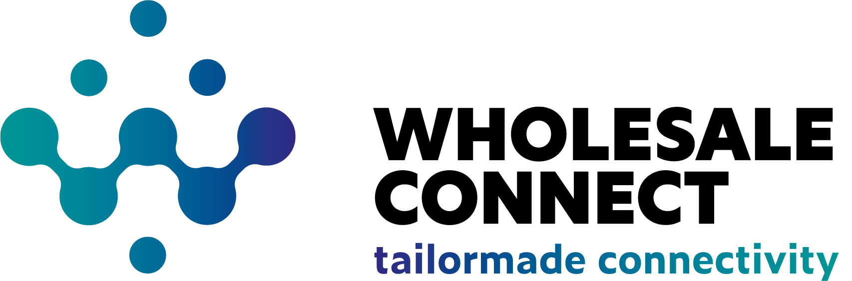 Logo voor Wholesale Connect, met een afbeelding van een verbonden molecuul en de slogan