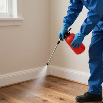 A person in blue protective gear uses a red handheld sprayer to treat the corner of a room with wood flooring.