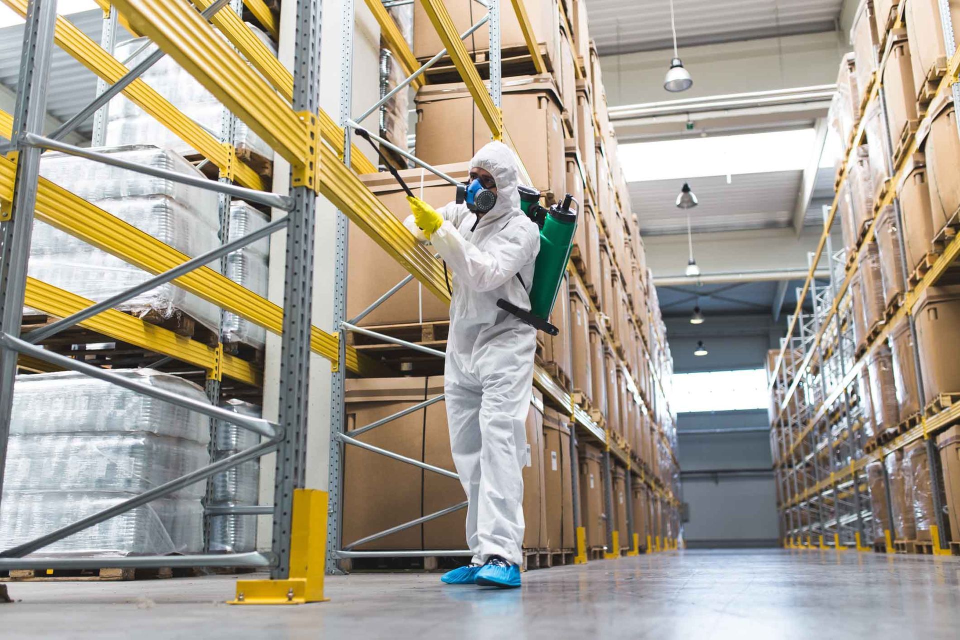 Worker in white protective suit spraying shelves in a warehouse aisle Worker in white protective suit spraying shelves in a warehouse aisle