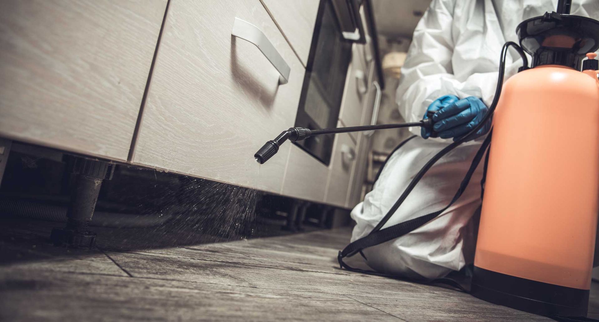 Worker in protective gear using a sprayer near a cabinet floor indoors Worker in protective gear using a sprayer near a cabinet floor indoors