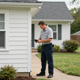 A technician in a gray uniform and blue pants uses a handheld electronic device to inspect the exterior of a white house.