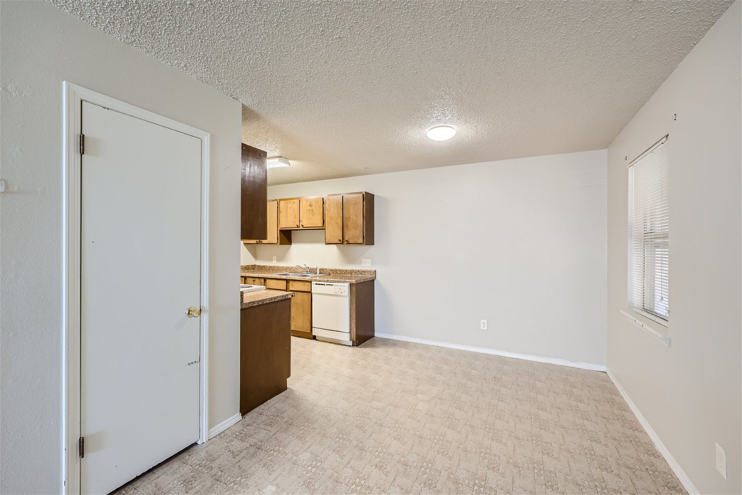 Interior view of a neutral-colored room with a kitchen, door, and window. Light-colored carpet and cabinets.