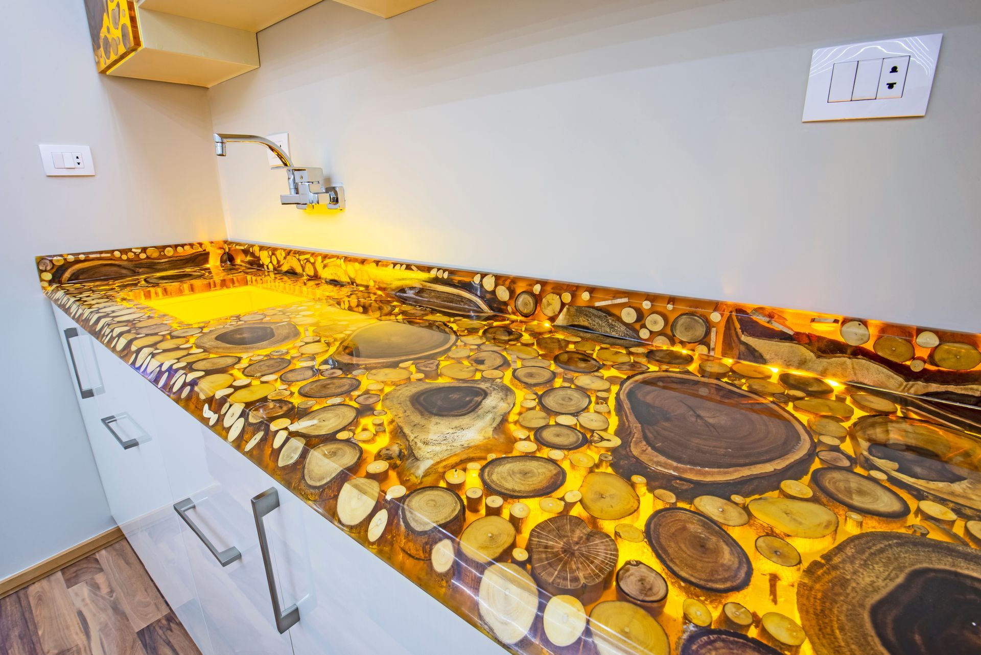 Close-up of a modern kitchen epoxy design in a counter top.