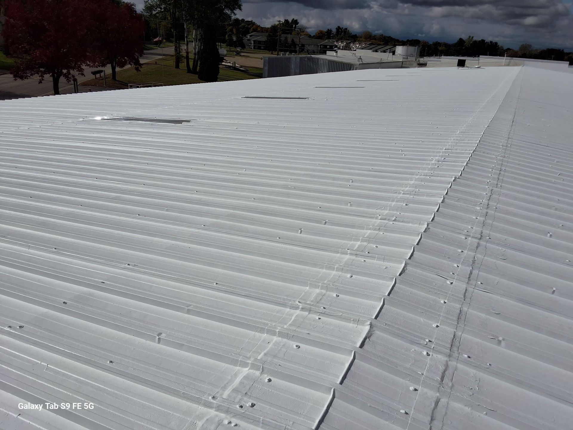 A white roof with a few trees in the background.