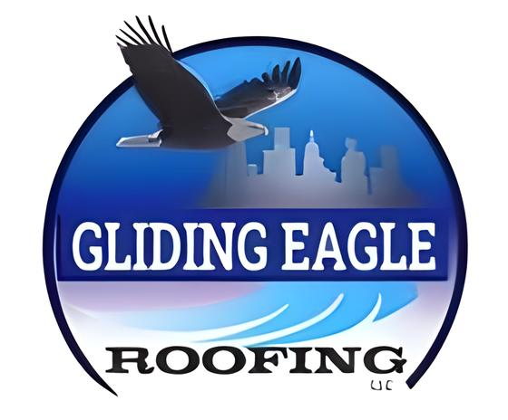 A logo for gliding eagle roofing shows an eagle flying over a city