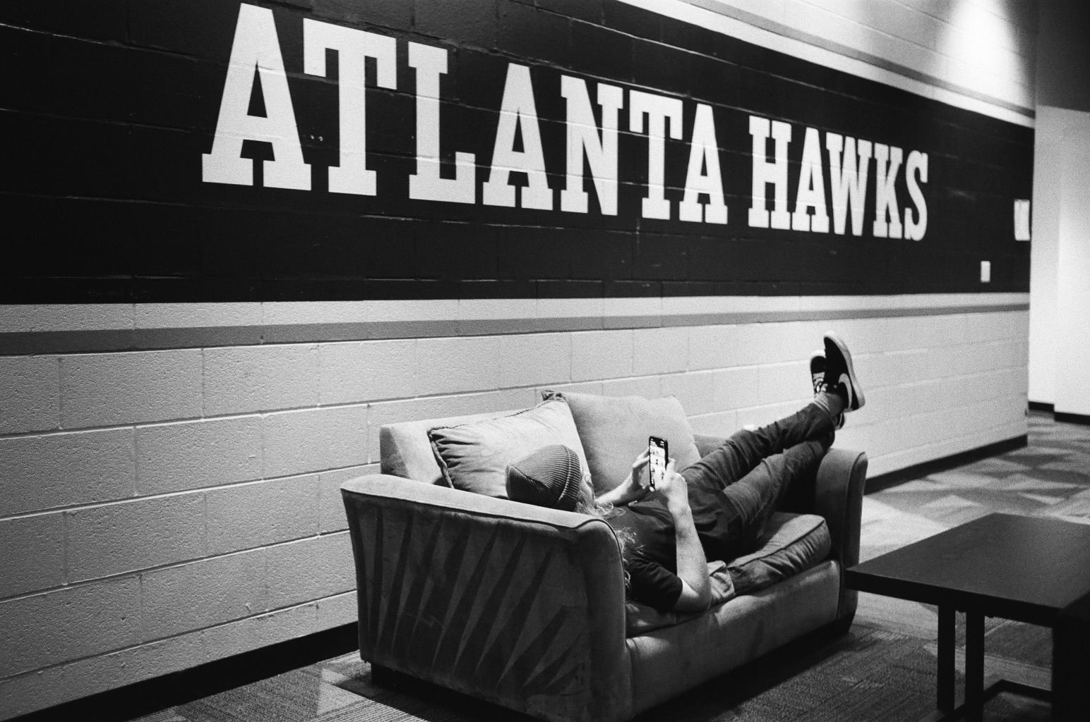 Photo of someone relaxing backstage at the Atlanta Hawks venue