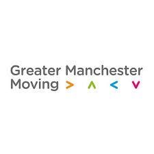 Greater Manchester Moving logo. Text with colored directional symbols.