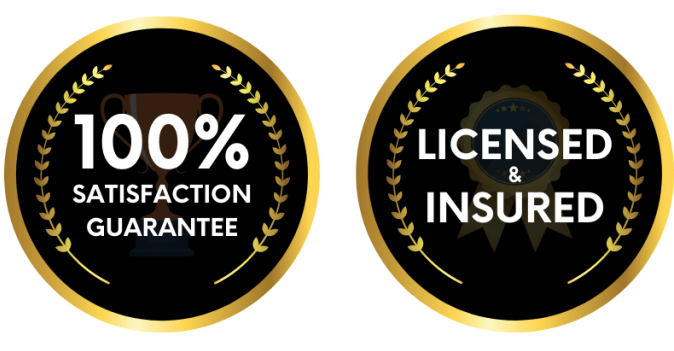 Two badges that say 100 % satisfaction guarantee and licensed and insured