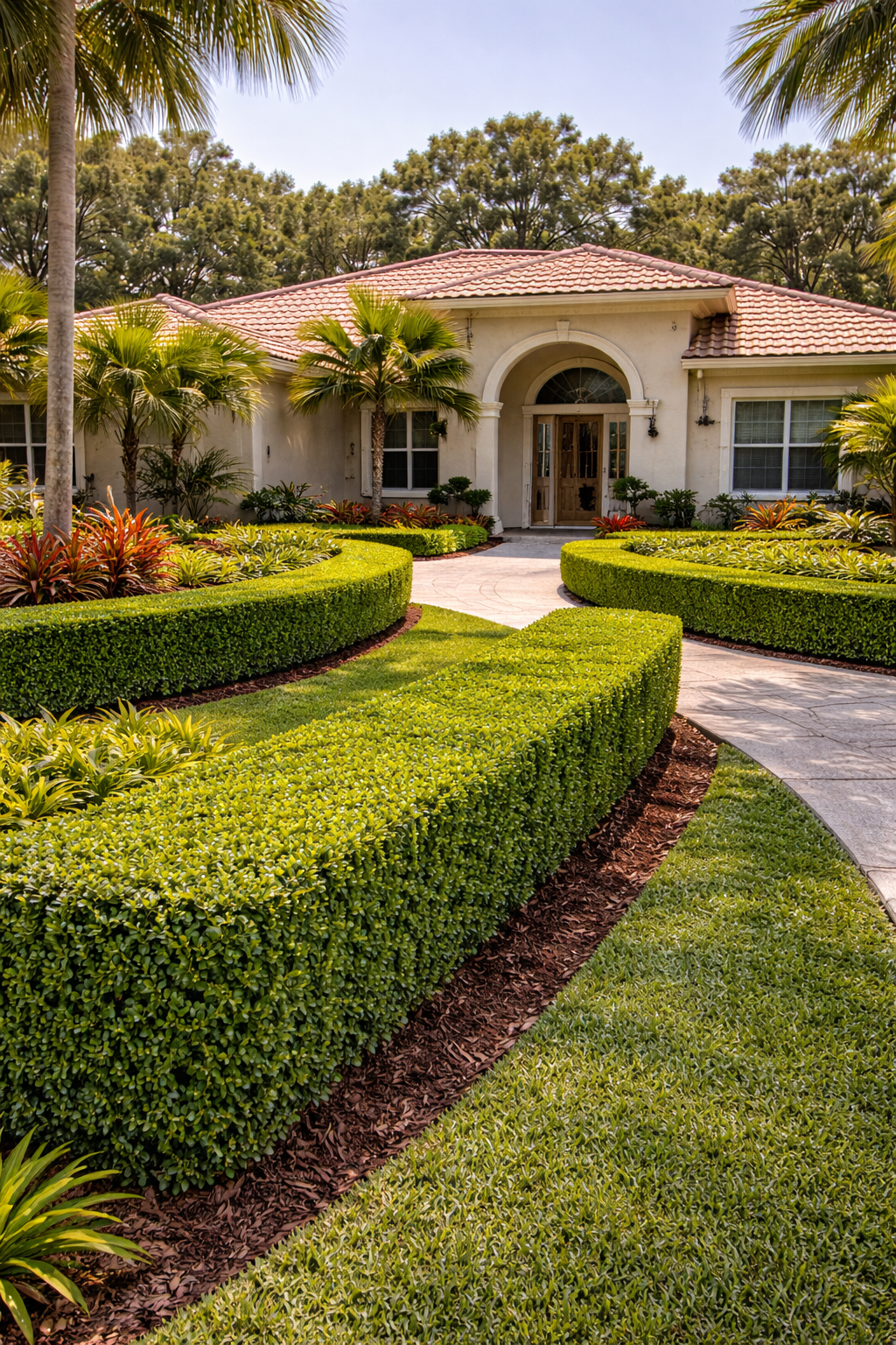 A well-manicured, cream-colored house with a tiled roof. Curved hedges line a walkway leading to the front door.