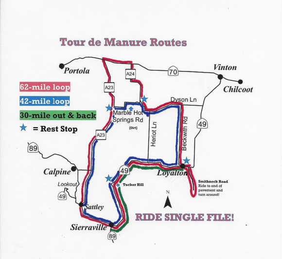 A map showing the tour de manure routes and a rest stop