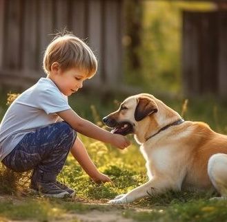 A little boy is playing with a dog in the grass.