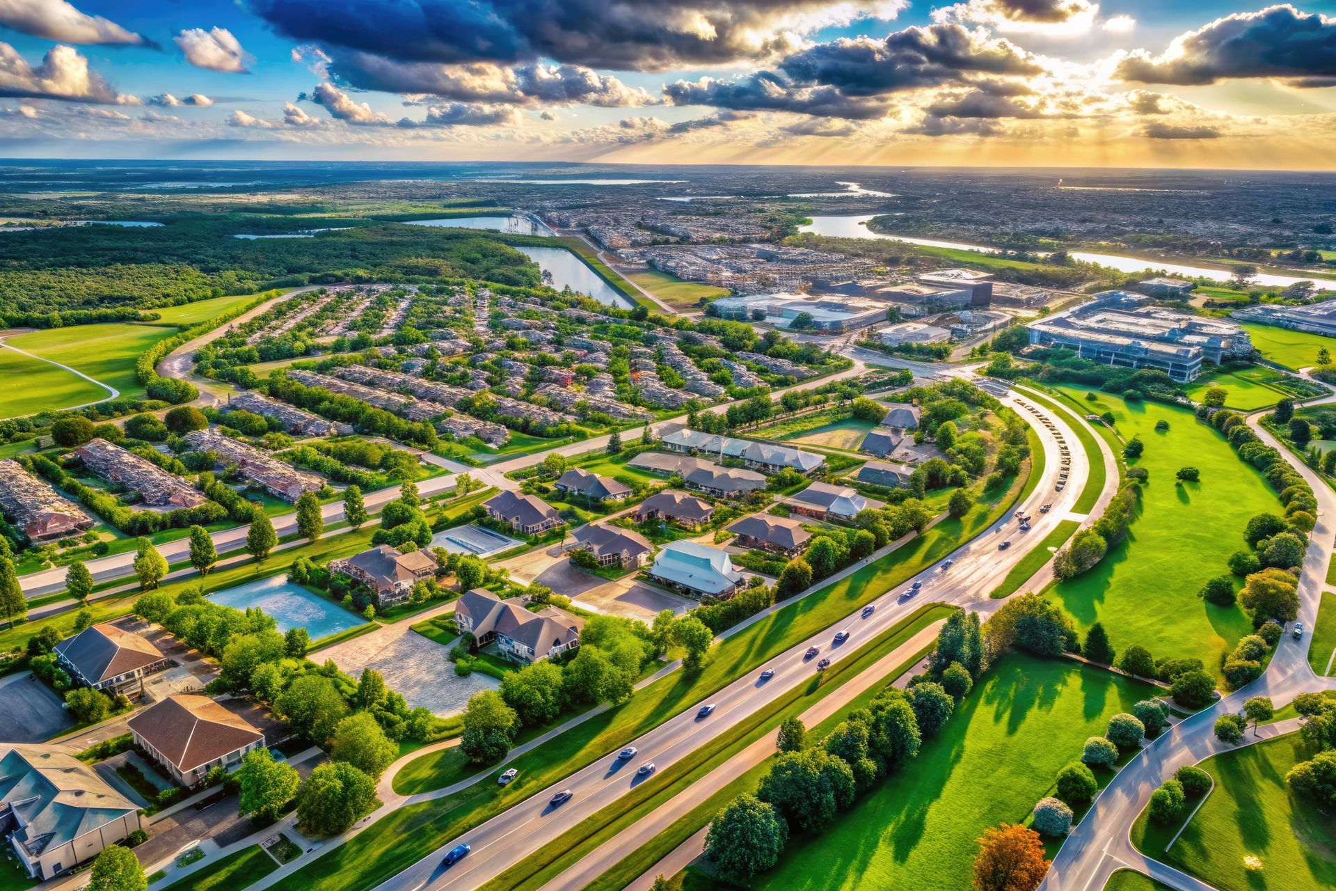 An aerial image of Katy, Texas, with the sun low in the sky