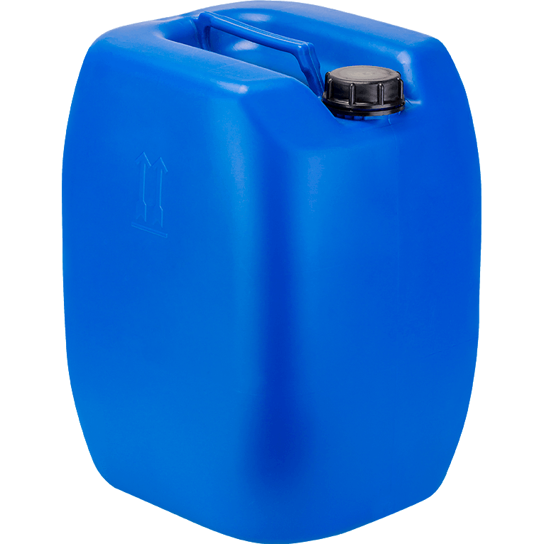 Recipiente de plástico de color azul con tapa y asa de color negro.