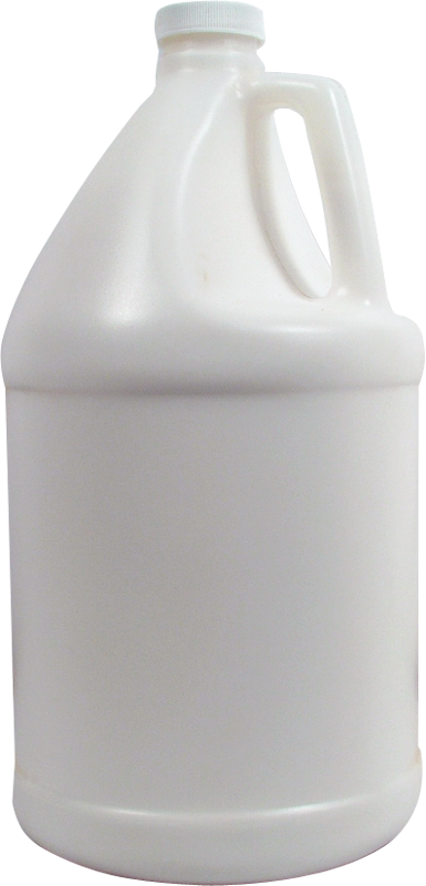 Jarra de plástico blanca de un galón con asa y tapa.