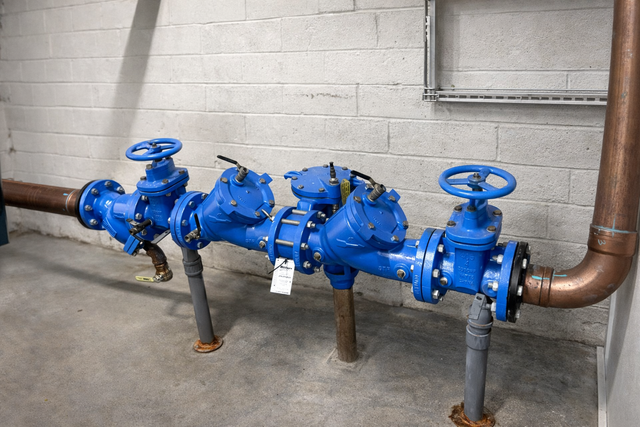 A blue Reduced Pressure Zone (RPZ) backflow prevention assembly installed on pipes against a cinder block wall.
