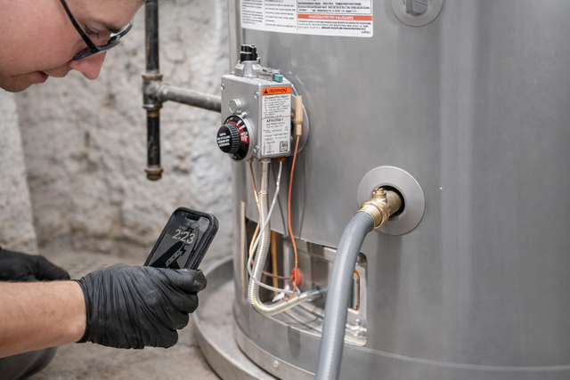 A person in gloves uses a smartphone to inspect a water heater's gas control valve.