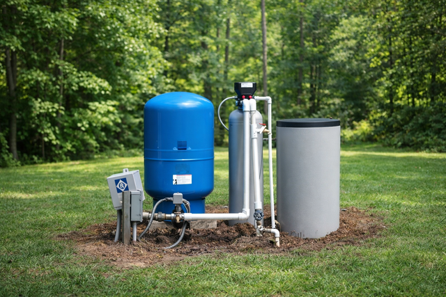 A blue water pressure tank and water treatment system sitting on a mulched patch of grass in front of a forest.