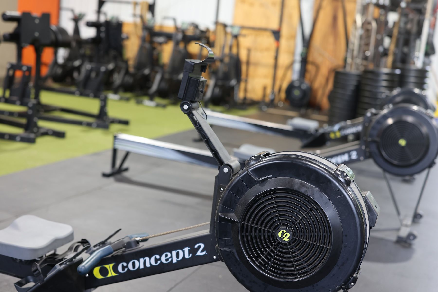 A line of rowing machine at CrossFit Threshold gym