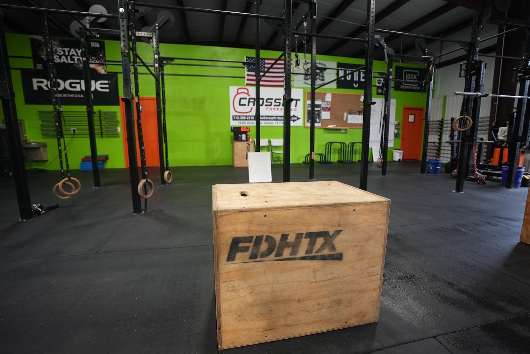 A wooden box on the floor at CrossFit Threshold gym