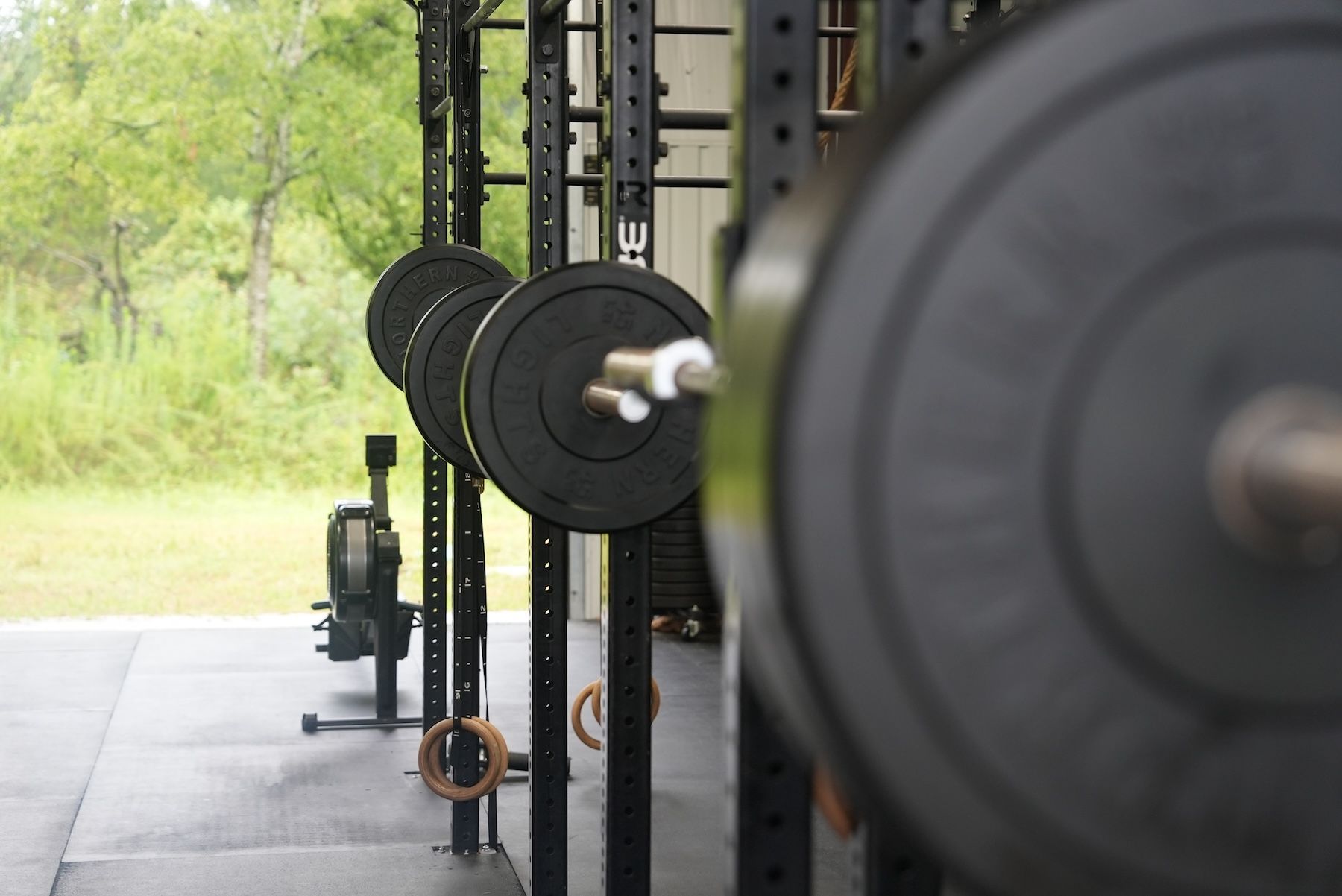 A row of barbells are lined up in a gym.