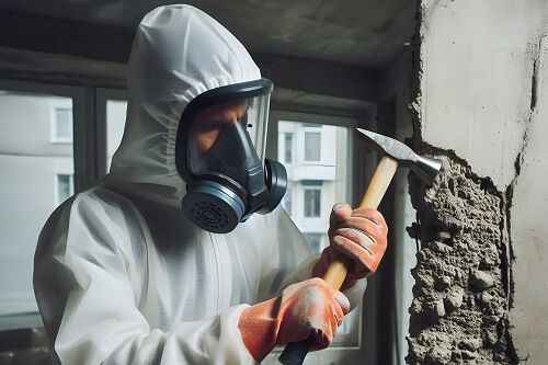Un ouvrier en combinaison de protection blanche et masque à gaz dégage le béton d'un mur endommagé à l'intérieur.