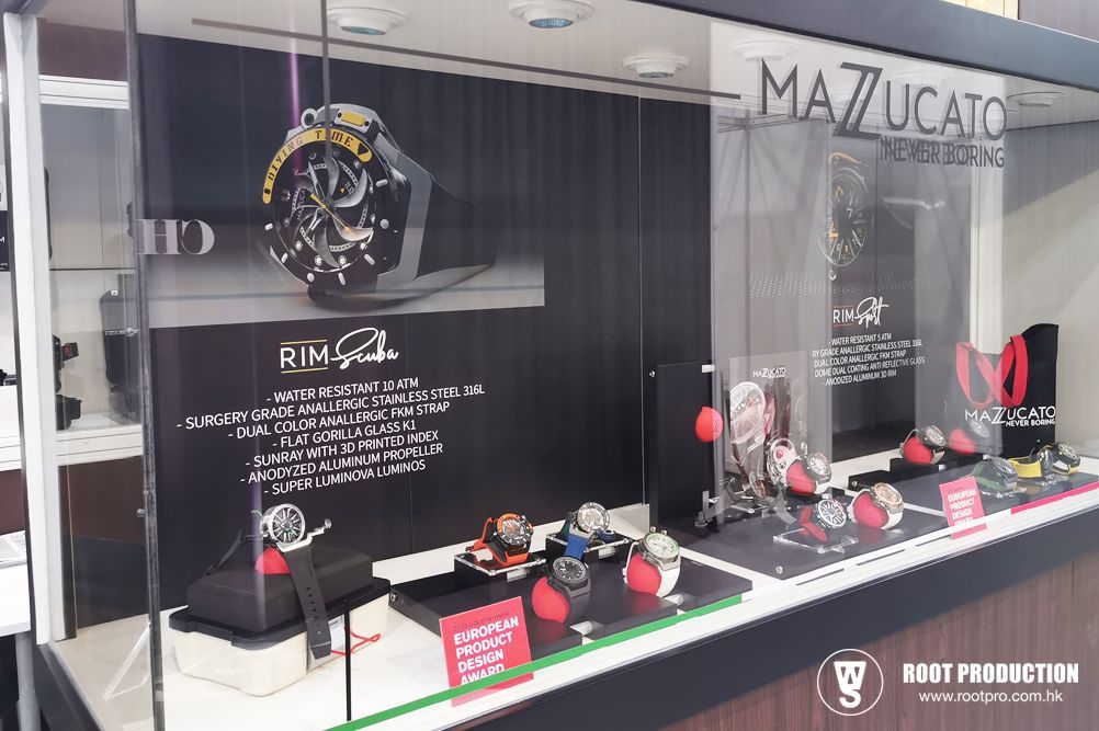 Watch display case with Mazzucato brand watches, showcasing models with various colors.