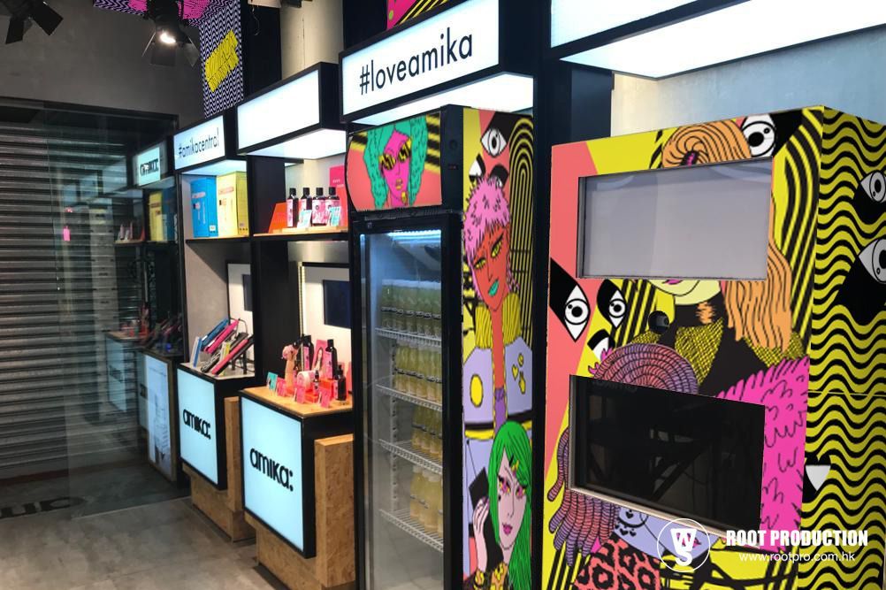 Interior of a colorful shop with drinks, pop art, and the hashtag #loveamika.